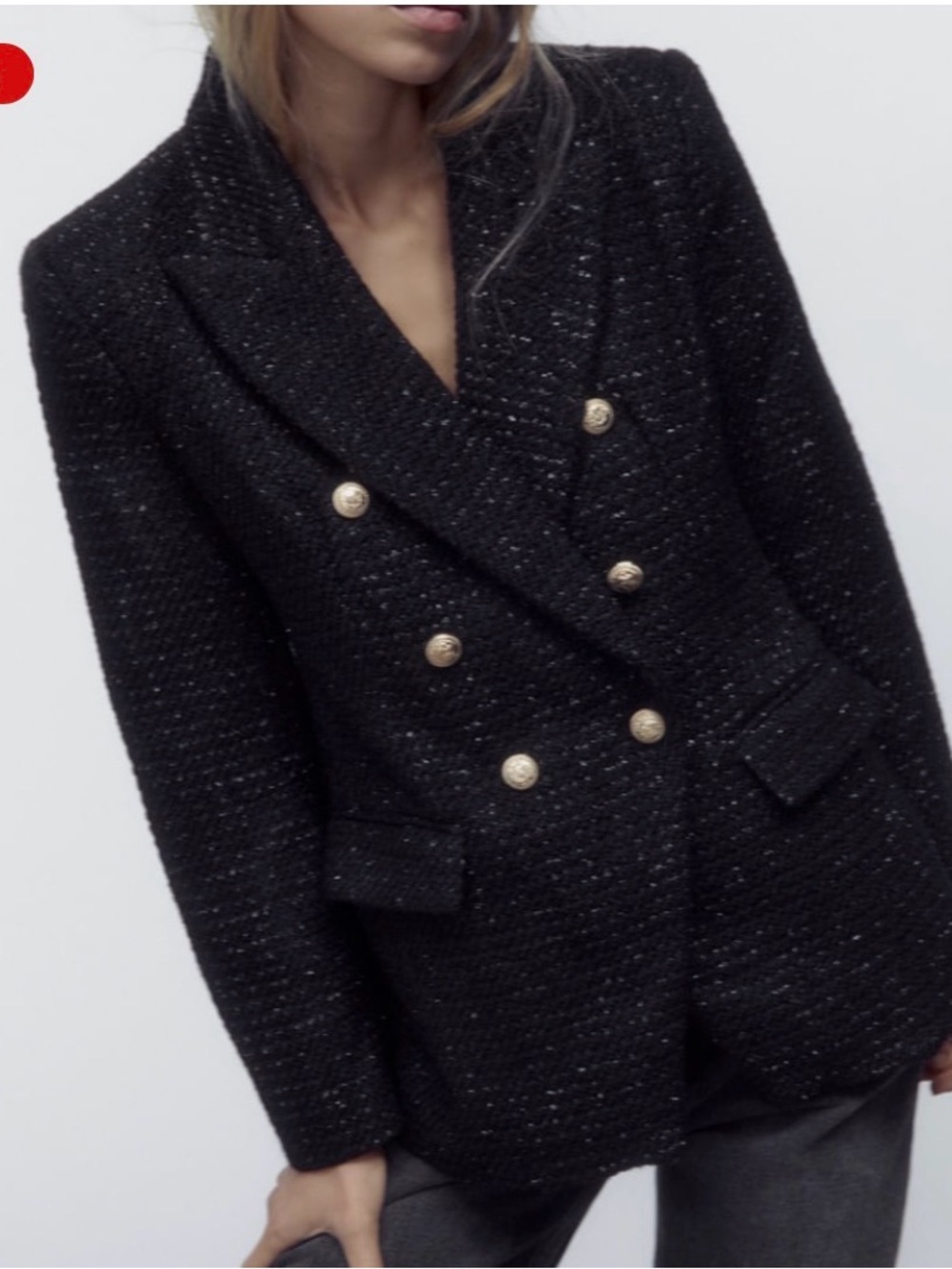Zara Double-Breasted Black Tweed Blazer Jacket